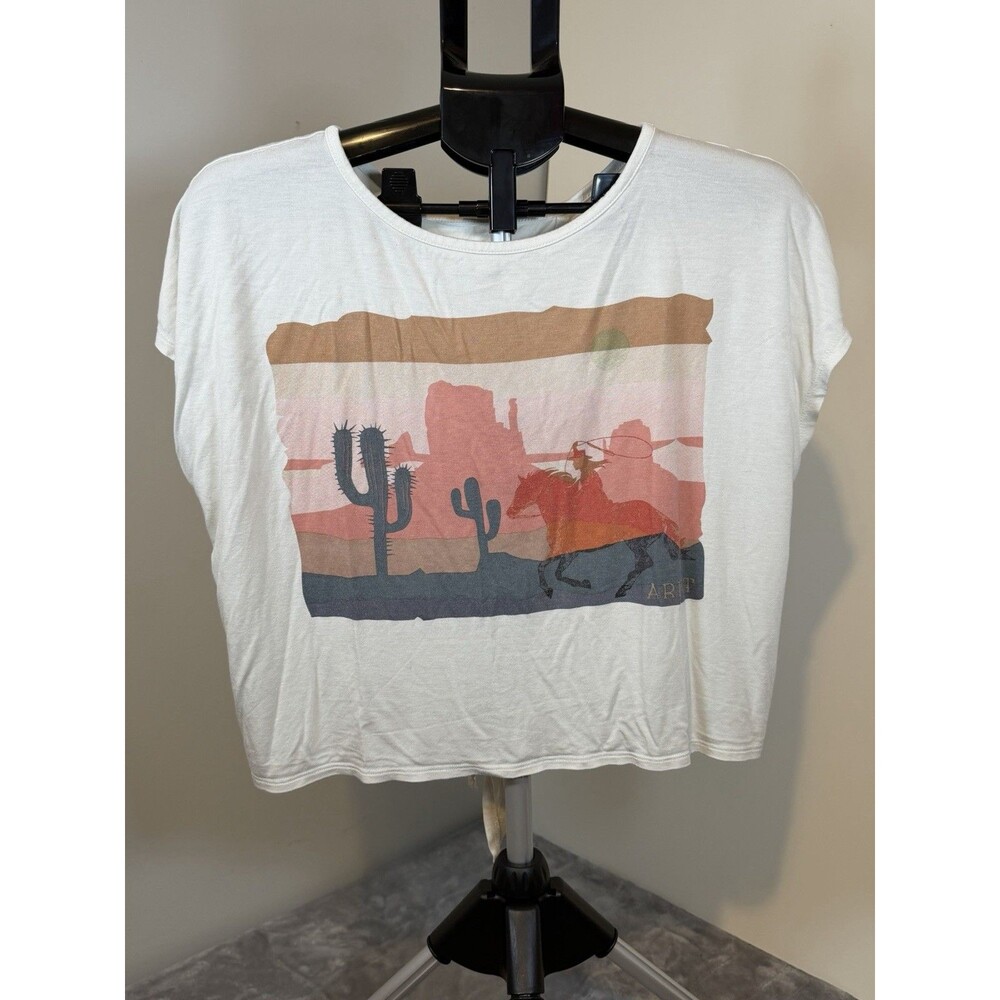 Ariat Women’s M White Western Graphic Tie Front Cropped Relaxed Fit Tee